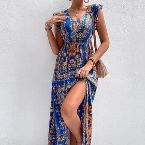 Navy Blue Casual Womens Scarf Print Ruffle Trim Split Thigh Dress Withou…
